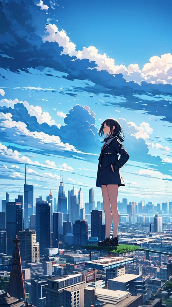 masterpiece, Exquisite detail,Highest quality, One girl, alone, handrail, cloud, Looking up at the buildings,Long Hair, zero, Long sleeve, Power lines, White footwear, Black Hair, View your viewers, Electric pole, bangs, cloudy zero, fish, bird, Green Eyes, Shorts, Day, Black Shirt, barefoot,Whale flying in the sky,Giant whale,night,Star,milky way,night,Pitch black,Buildings,Sitting,Standing and looking up