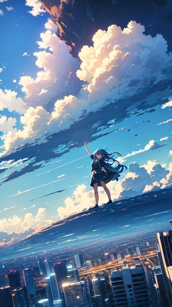 Blue sky girl looking up field of storm clouds a city seen from afar