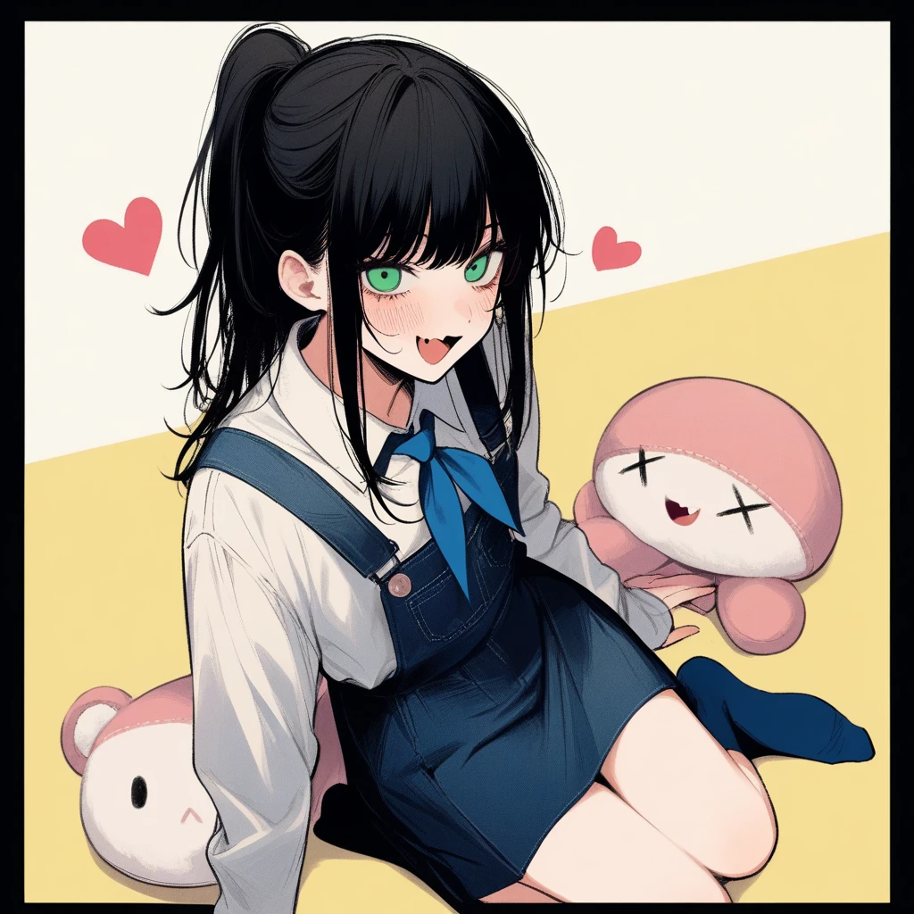 1girl, moketa, chainsaw man, mitaka asa, yoru \(chainsaw man\), absurdres, official art, :d, > <, black hair, blue neckerchief, blue skirt, blue socks, border, choppy bangs, fang, green eyes, heart, neckerchief, open mouth, overall skirt, ponytail, seiza, shirt, sitting, skin fang, skirt, smile, socks, stuffed toy, two-tone background, white border, white shirt, yellow background, ((very aesthetic, best quality, ultra detailed)), painterly