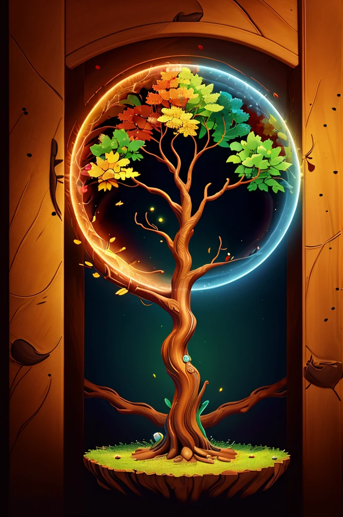 circular tree,four seasons,spring,summer,autumn,winter,leaves,roots,branches,trunk,ornate border,decorative,digital illustration,artwork,movement,time,swirling background,dark background,vibrant colors,natural,life cycle,growth,change,nature,life,peace,harmony,spirituality,symbolism,digital art,illustration,painting,graphic design,art,design,digital media,online art,visual art,fine art,fantasy