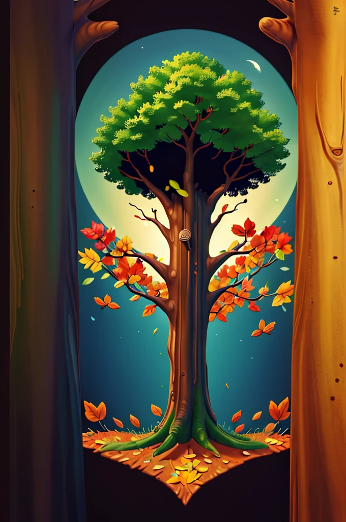 circular tree,four seasons,spring,summer,autumn,winter,leaves,roots,branches,trunk,ornate border,decorative,digital illustration,artwork,movement,time,swirling background,dark background,vibrant colors,natural,life cycle,growth,change,nature,life,peace,harmony,spirituality,symbolism,digital art,illustration,painting,graphic design,art,design,digital media,online art,visual art,fine art,fantasy