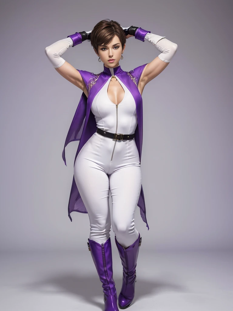 ((best quality)), ((4k)), ((highres)), ((masterpiece:1.2)). ((detailed)), ((ultra realistic)), ((intricate details)), ((full body picture)), ((solo character)), ((blank background)), ((standing in a blank background)), a full body shot of a beautiful european female, polish woman, polish beauty, ((emphasis on her fair skin complexion)), ((brown hair)), pixie haircut, ((PIXIE HAIRCUT)), ((VERY SHORT HAIR)), perfect face, gorgeous face, ((vivid hazel eyes)) detailed eyes, detailed lips, about 6'3 tall, ((TALL WOMAN)), about 18 years old, muscular body, ROBUST FRAME, muscular arms, she's dressed in a sleeveless purple jumpsuit with high neck, ((PURPLE JUMPSUIT)), ((high neck)), no cleavage, ((no cleavage)), BLACK boots and white gloves, ((BLACK boots)), ((white gloves)), WHITE and purple long SCARF AROUND HER neck WITH GOLD ADORNMENTS, ((WHITE and purple long SCARF AROUND HER neck)), posing with her arms above her head, ((arms above head)), fighting game character concept art, tekken character design, the king of fighters character concept, full bofy, full body concept art, full body art