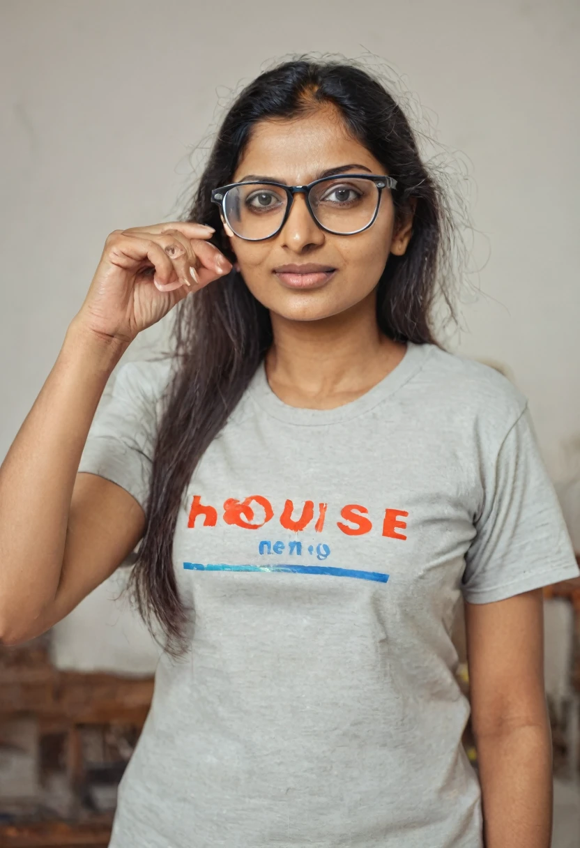 Indian glasses woman in house in t shirt
