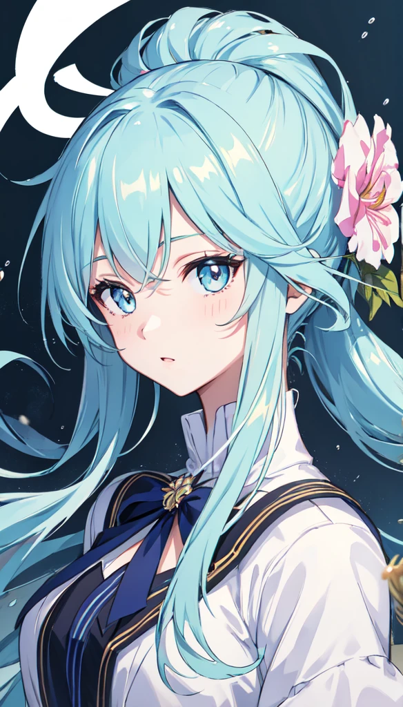 (masterpiece), (best quality), (ultra detailed),(disheveled hair),(illustration), (1girl), (Fashionable clothing), standing, Fashion model, looking at viewer, (interview), (simple background),beautiful detailed eyes, delicate beautiful face, Floating,(high saturation),(colorful splashes),colorful bubble,(shining), focus on face, ponytail, kamisato ayaka, light blue hair, bangs, hair ring, floating flowers, floating hairs, (shining), best lighting, best shadow,