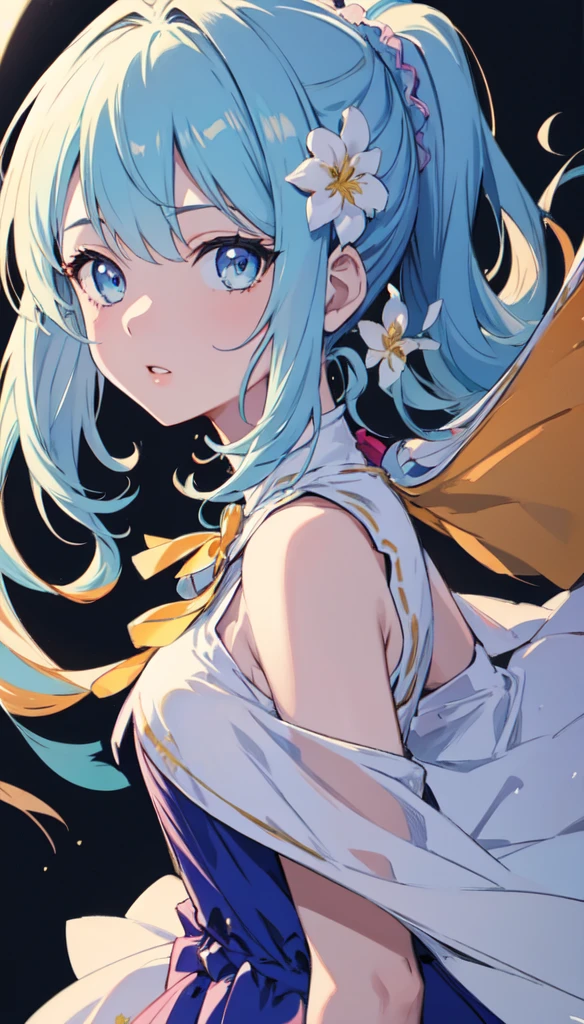(masterpiece), (best quality), (ultra detailed),(disheveled hair),(illustration), (1girl), (Fashionable clothing), standing, Fashion model, looking at viewer, (interview), (simple background),beautiful detailed eyes, delicate beautiful face, Floating,(high saturation),(colorful splashes),colorful bubble,(shining), focus on face, ponytail, kamisato ayaka, light blue hair, bangs, hair ring, floating flowers, floating hairs, (shining), best lighting, best shadow,