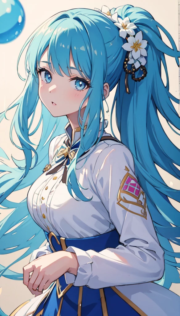 (masterpiece), (best quality), (ultra detailed),(disheveled hair),(illustration), (1girl), (Fashionable clothing), standing, Fashion model, looking at viewer, (interview), (simple background),beautiful detailed eyes, delicate beautiful face, Floating,(high saturation),(colorful splashes),colorful bubble,(shining), focus on face,  ponytail, kamisato ayaka, light blue hair, bangs, hair ring, floating flowers, floating hairs, (shining), best lighting, best shadow,  