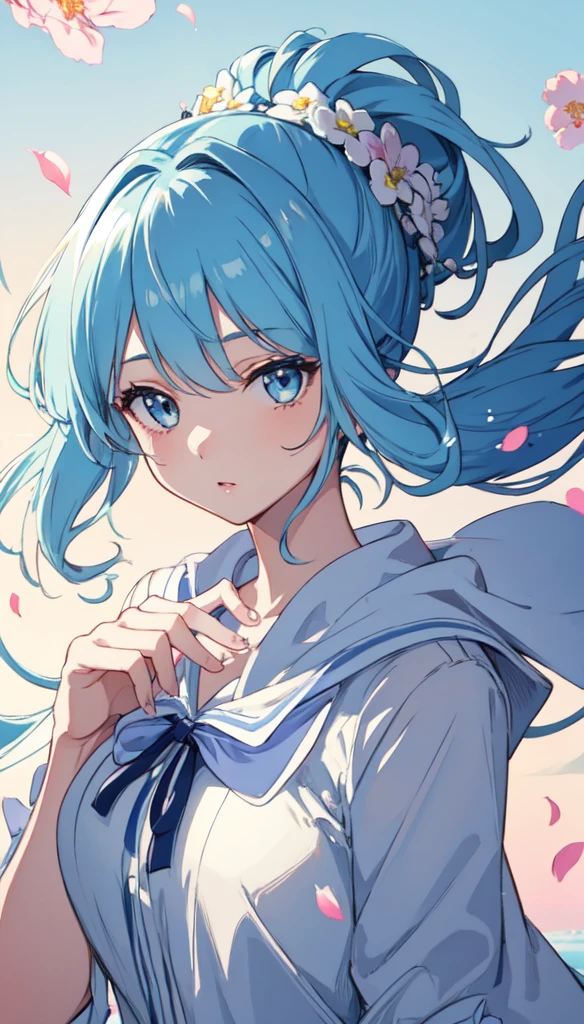 (masterpiece), (best quality), (ultra detailed),(disheveled hair),(illustration), (1girl), (Fashionable clothing), standing, Fashion model, looking at viewer, (interview), (simple background),beautiful detailed eyes, delicate beautiful face, Floating,(high saturation),(colorful splashes),colorful bubble,(shining), focus on face, ponytail, kamisato ayaka, light blue hair, bangs, hair ring, floating flowers, floating hairs, (shining), best lighting, best shadow,