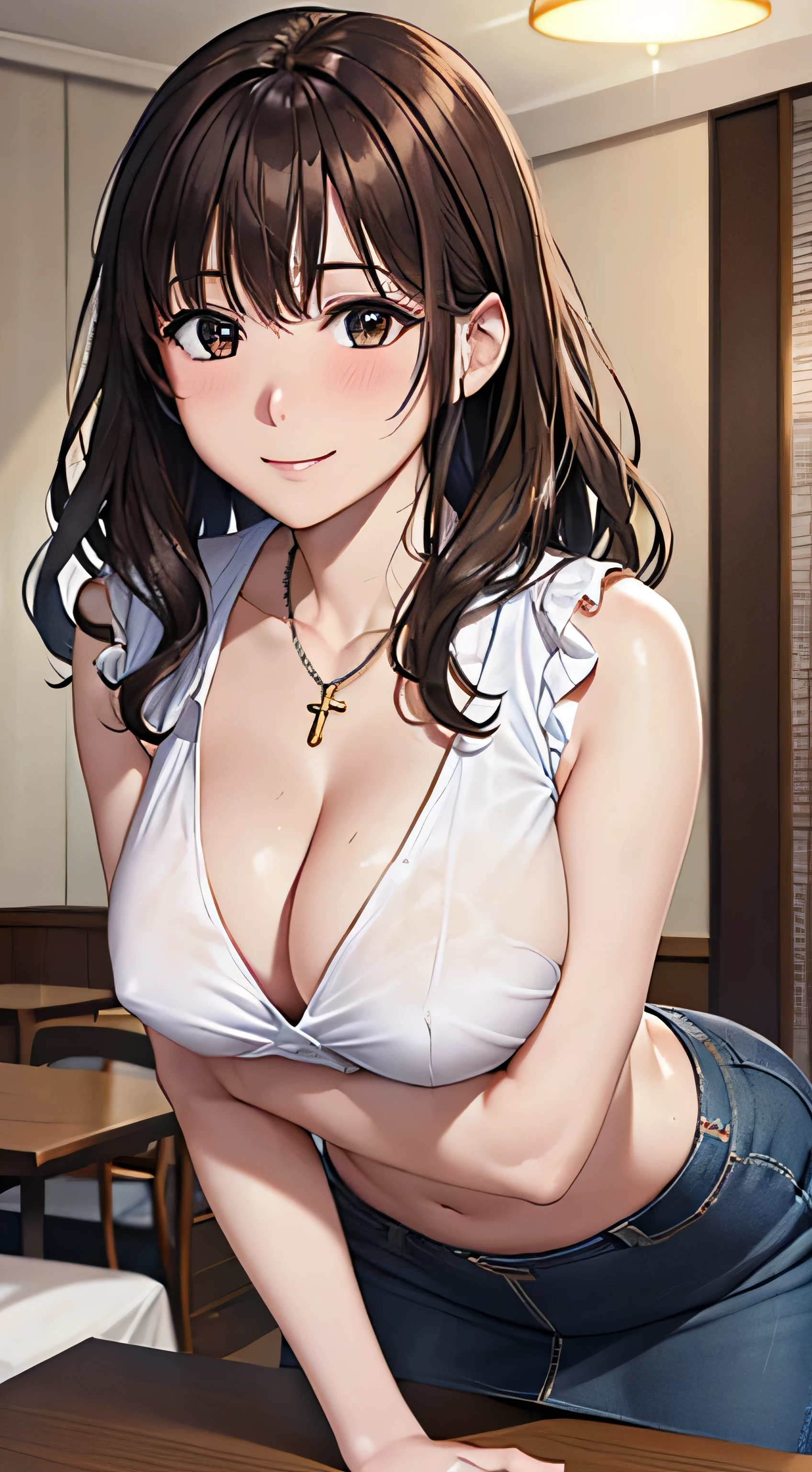 ((Tabletop, Highest quality, High resolution, , Pixel Perfect, 4K,))), 1 female, 、The whole body is visible、 ((Long Wavy Hair, bangs, Brown Hair)), ((Brown eyes, Beautiful eyelashes, Realistic eyes)), ((Detailed face, Blushing:1.2)), ((Smooth texture:0.75, Realistic texture:0.65, Realistic:1.1, Anime CG Style)), Medium sized breasts, Dynamic Angle, Perfect body, (( , , White sleeveless top、No bra、、 Tight denim skirt、、)), Gold Hair Ornament、Cross Necklace、、Very embarrassing panic smile, 、、、、、、Nipples are slightly visible、Cover your chest with your arms、Emphasize cleavage、Leaning forward、Stick your butt out、Hotel Bedroom、Angle from below、、、、 、)、