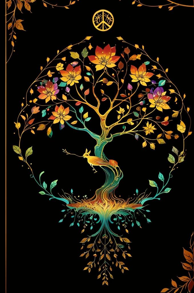 circular tree,four seasons,spring,summer,autumn,winter,leaves,roots,branches,trunk,ornate border,decorative,digital illustration,artwork,movement,time,swirling background,dark background,vibrant colors,natural,life cycle,growth,change,nature,life,peace,harmony,spirituality,symbolism,digital art,illustration,painting,graphic design,art,design,digital media,online art,visual art,fine art,fantasy