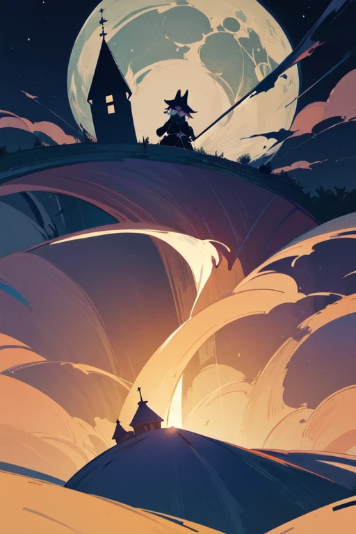Dans le style des peintres impressionnistes et un ambiance sombre En arrière plan un croissant de lune sous une nuit noir et et verte sans étoile en second plan un manoir imposant sur une colline illuminer par la lune en premier plan une silhouette de dos regardant le manoir