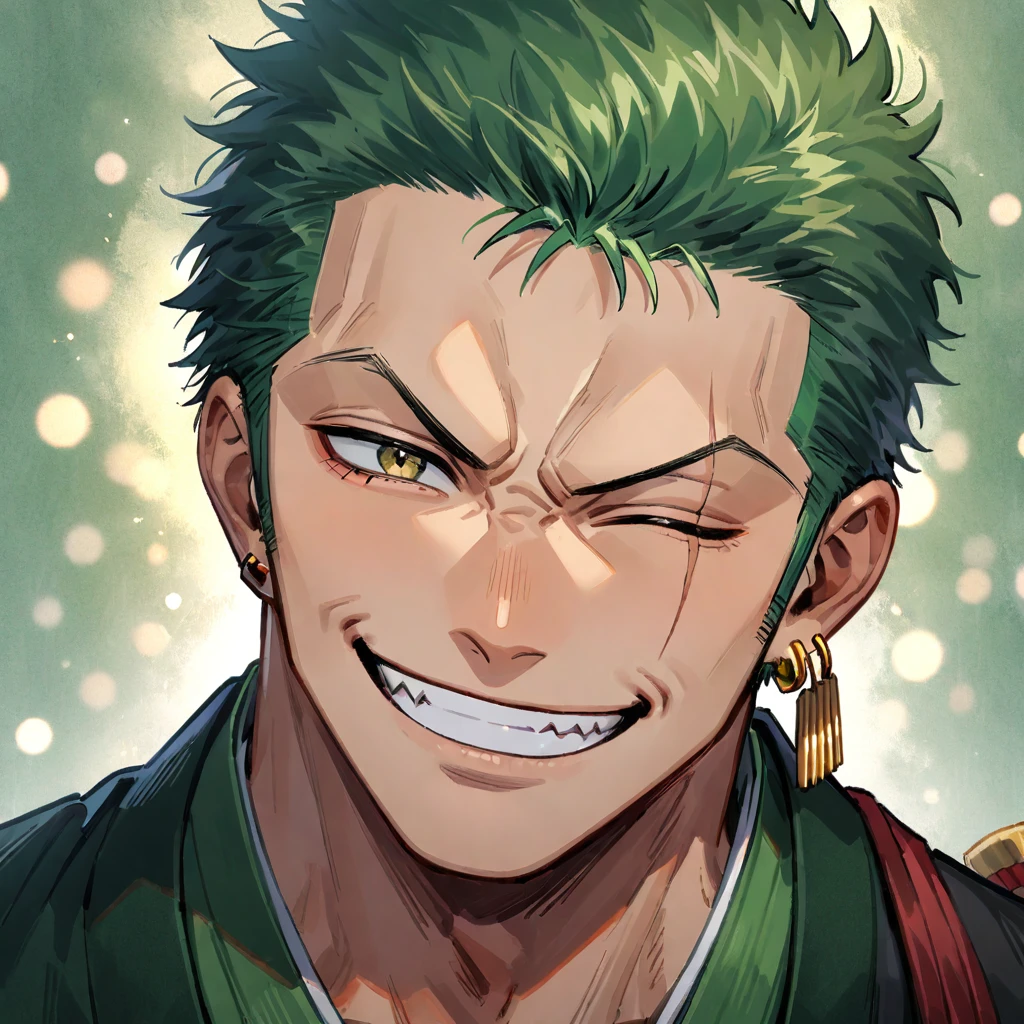 roronoa zoro, male focus, 1boy, smile, green hair, solo, scar across eye, earrings, jewelry, one eye closed, short hair, grin, portrait, japanese clothes, kimono, scar, looking at viewer, sideburns, scar on face, single earring, close up, green kimono, ((medium quality)), ((medium quality))