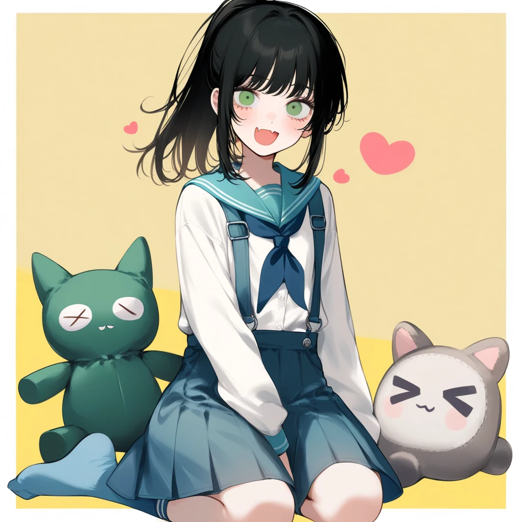 1girl, ruu \(tksymkw\), chainsaw man, mitaka asa, yoru \(chainsaw man\), absurdres, official art, :d, > <, black hair, blue neckerchief, blue skirt, blue socks, border, choppy bangs, fang, green eyes, heart, neckerchief, open mouth, overall skirt, ponytail, seiza, shirt, sitting, skin fang, skirt, smile, socks, stuffed toy, two-tone background, white border, white shirt, yellow background, ((very aesthetic, best quality, ultra detailed)), painterly