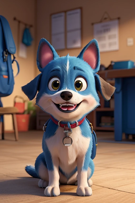Create a happy dog with a blue backpack
