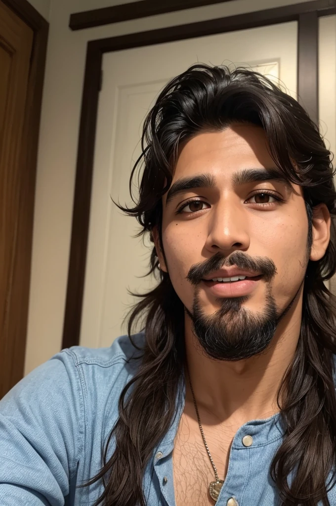 brown boy,big mouth,very big nose, medium eyes,curry hair,and a goatee with very fine hair