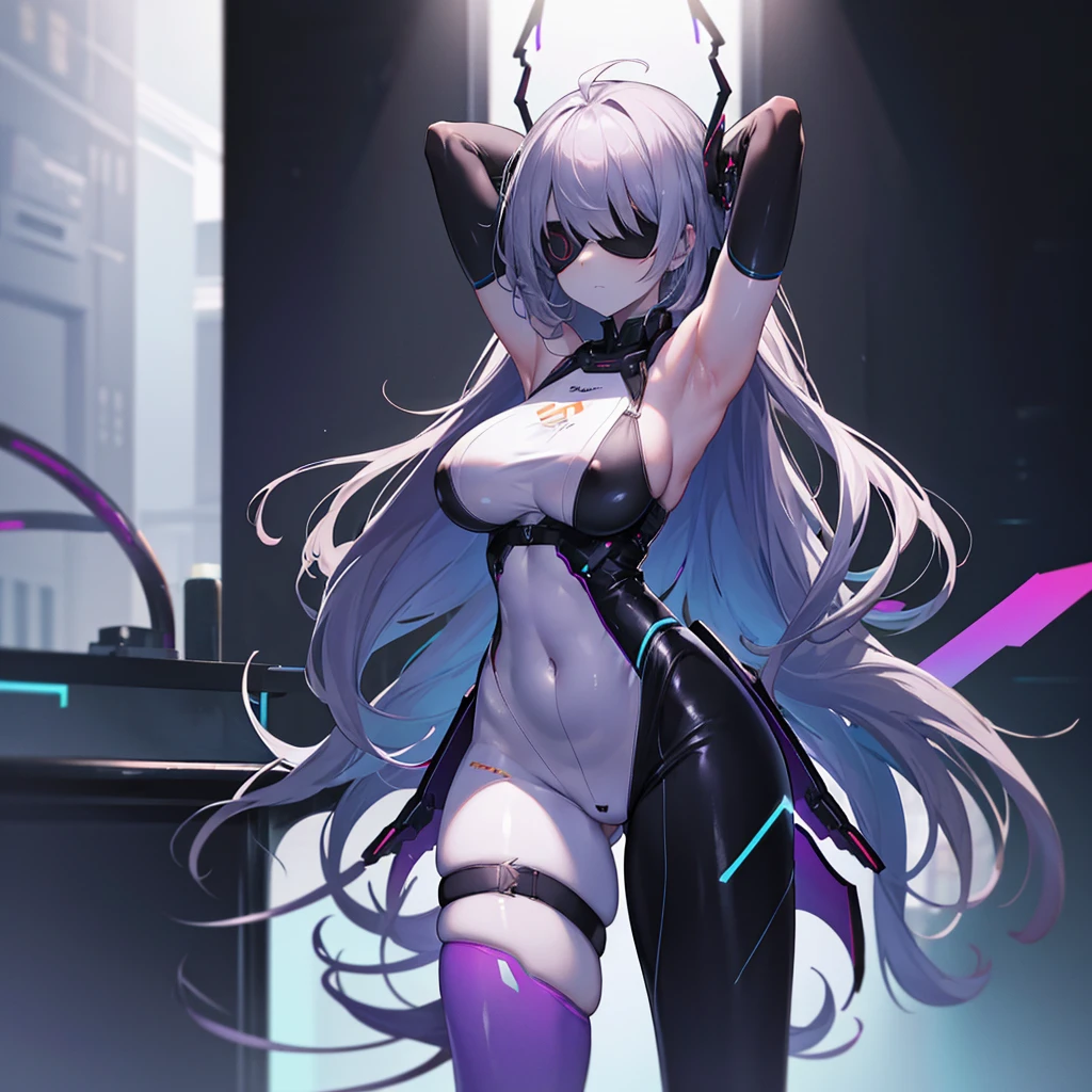 echanis_enicha, background, incredible high-key lighting, masterpiece, high quality, ambient soft lighting, 4K, 1girl, alternate breast size, belly, breasts, big breasts, glowing, long hair, feathered bangs, bangs, feathered hair, navel, purple eyes, solo, stretching, arms raised, hands behind head, armpits, purple theme, blue highlights, simple background, futuristic, pale skin, gleaming skin, synthetic skin, thick, curvy, bodysuit, sleek bodysuit, techsuit, ahoge, facing viewer, purple highlights, thigh highs, thigh strap, skindentation, navel, navel window, tight, translucent antennae, casual stance, android, artificial humanoid, underboob, boob window, Eyepatch, skintight, cybernetic, asymmetrical clothes, best quality, realistic, absurdres, perfect shadows and lighting,