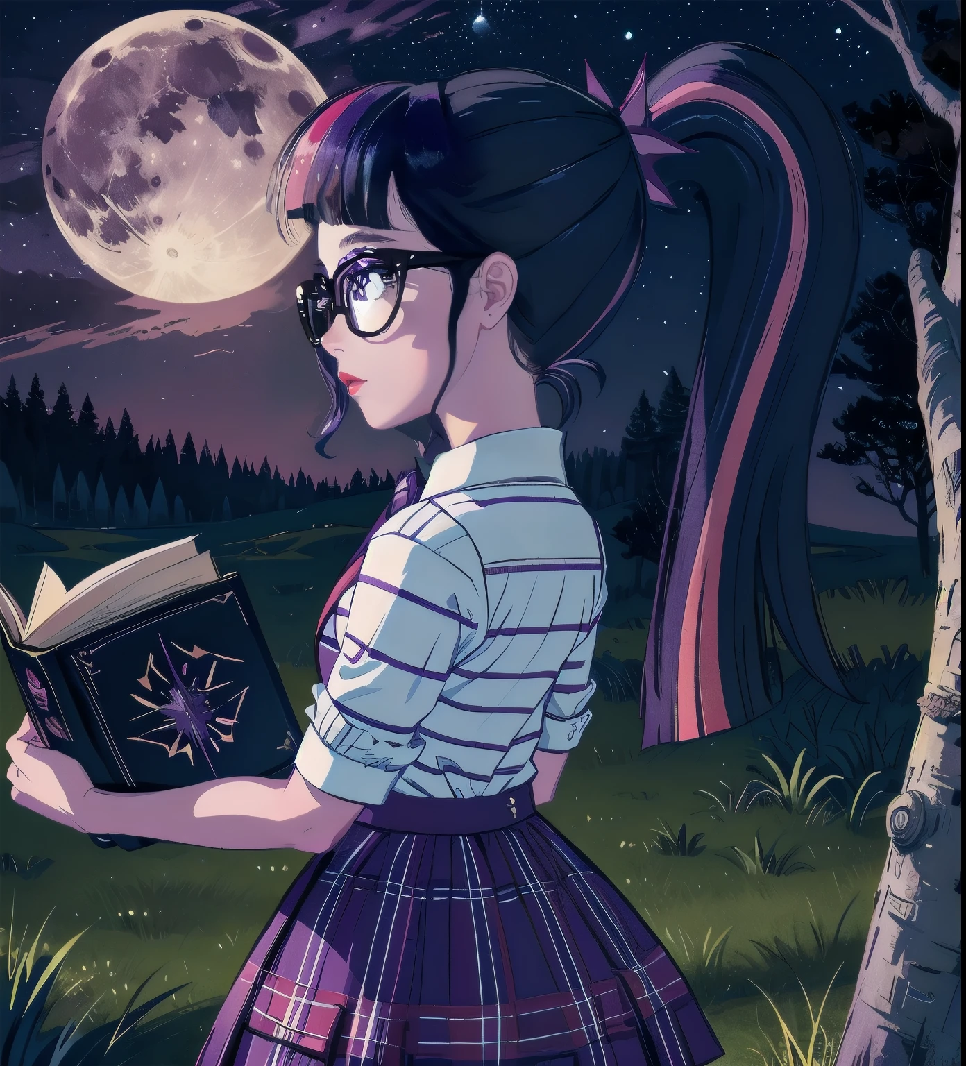 solo,1girl,mlptwilight,ponytail,glasses,striped shirt,skirt,purple eyes,holding_book,(colored purple skin:1.1),disappointed,in spring,night,full moon,grove,profile,looking_afar, ((majestic background 0.25))
