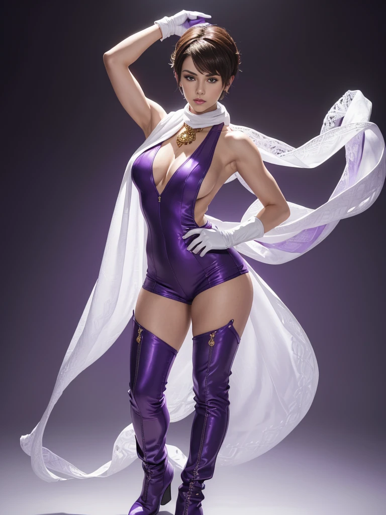 ((best quality)), ((4k)), ((highres)), ((masterpiece:1.2)). ((detailed)), ((ultra realistic)), ((intricate details)), ((full body picture)), ((solo character)), ((blank background)), ((standing in a blank background)), a full body shot of a beautiful european female, polish woman, polish beauty, ((emphasis on her fair skin complexion)), ((brown hair)), pixie haircut, ((PIXIE HAIRCUT)), ((VERY SHORT HAIR)), perfect face, gorgeous face, ((vivid hazel eyes)) detailed eyes, detailed lips, about 6'3 tall, ((TALL WOMAN)), about 18 years old, muscular body, ROBUST FRAME, muscular arms, she's dressed in a sleeveless purple jumpsuit with high neck, ((PURPLE JUMPSUIT)), ((high neck)), no cleavage, ((no cleavage)), BLACK boots and white gloves, ((BLACK boots)), ((white gloves)), WHITE and purple long SCARF AROUND HER neck WITH GOLD ADORNMENTS, ((WHITE and purple long SCARF AROUND HER neck)), posing with her arms above her head, ((arms above head)), fighting game character concept art, tekken character design, the king of fighters character concept, full bofy, full body concept art, full body art