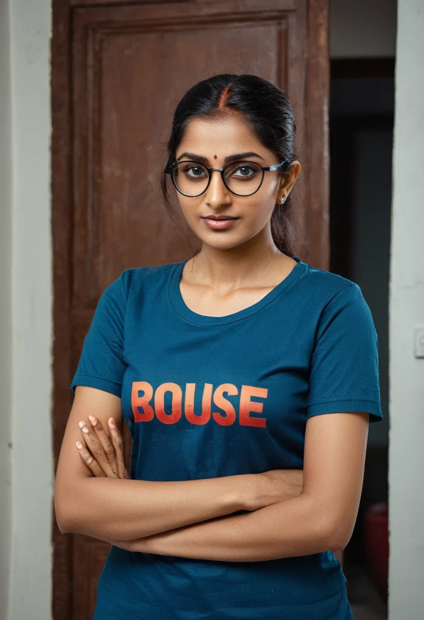 Bun hair Indian glasses woman in house in t shirt 