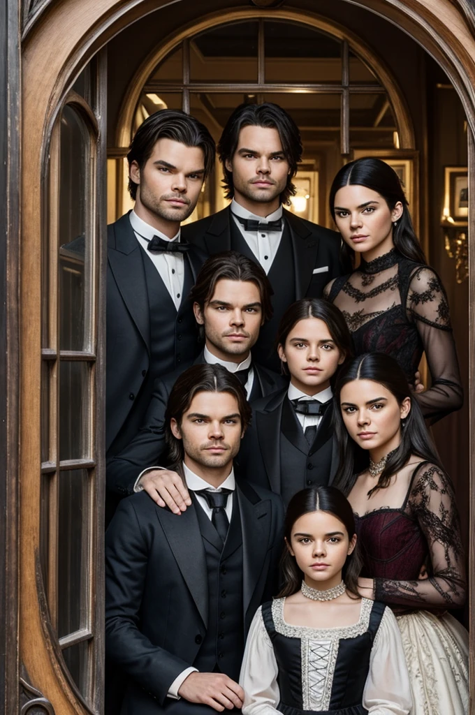 Family photo as hyperrealistic siblings of Kendall Jenner, Daniel Gillies and Sebastian Stan. In a Victorian window.