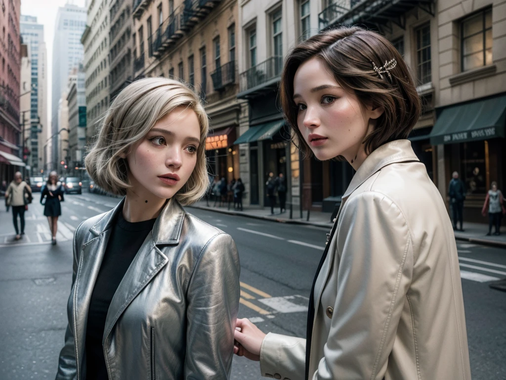 Street style photo of a woman with old money style on the streets of Manhattan in 2023, in front of a tall silver building, Brunetette, with 90s bob haircut, Katniss Everdeen, fight club movie, natural lighting, taken with Agfa Vista 200 -ar 2:3 -s 750.”