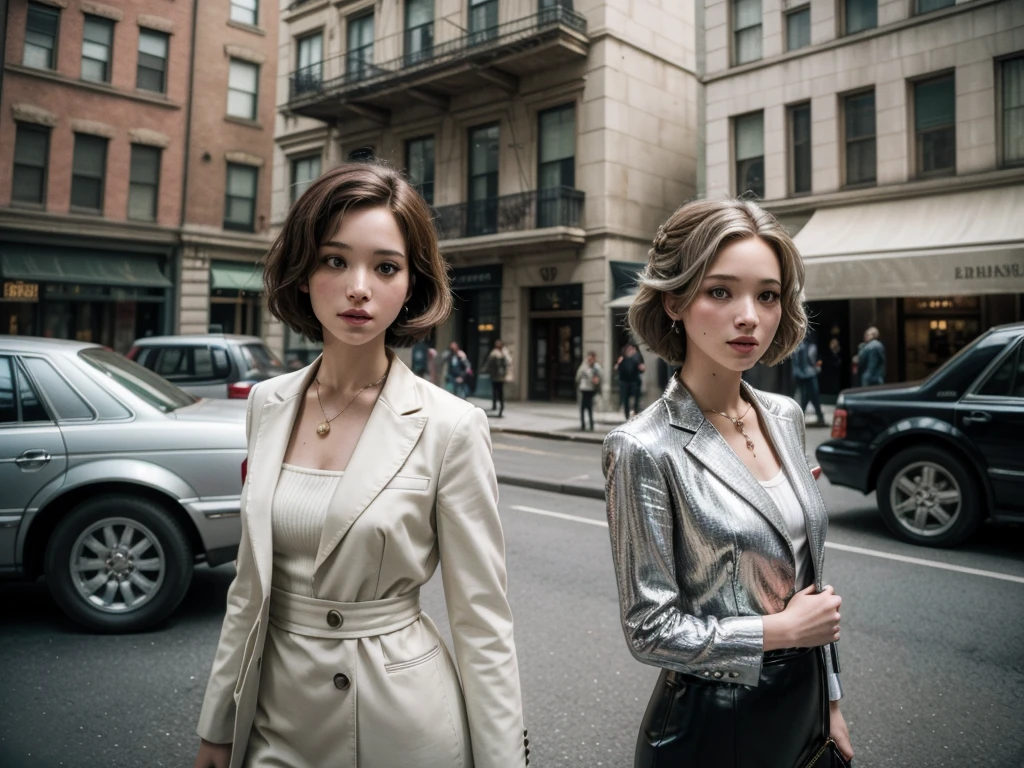 Street style photo of a woman with old money style on the streets of Manhattan in 2023, in front of a tall silver building, Brunetette, with 90s bob haircut, Katniss Everdeen, fight club movie, natural lighting, taken with Agfa Vista 200 -ar 2:3 -s 750.”
