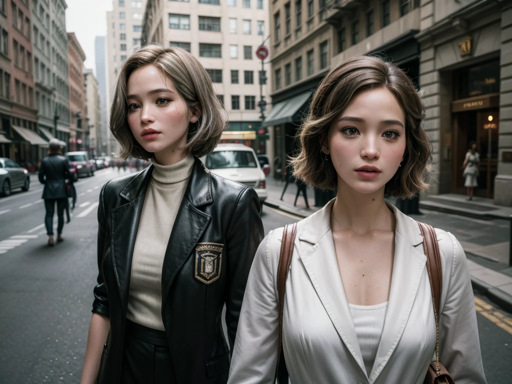 Street style photo of a woman with old money style on the streets of Manhattan in 2023, in front of a tall silver building, Brunetette, with 90s bob haircut, Katniss Everdeen, fight club movie, natural lighting, taken with Agfa Vista 200 -ar 2:3 -s 750.”