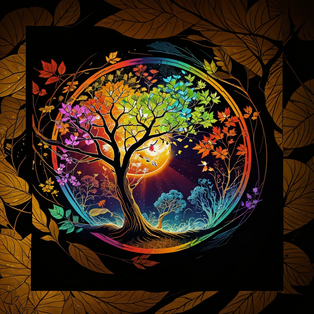 circular tree,four seasons,spring,summer,autumn,winter,leaves,roots,branches,trunk,ornate border,decorative,digital illustration,artwork,movement,time,swirling background,dark background,vibrant colors,natural,life cycle,growth,change,nature,life,peace,harmony,spirituality,symbolism,digital art,illustration,painting,graphic design,art,design,digital media,online art,visual art,fine art,fantasy