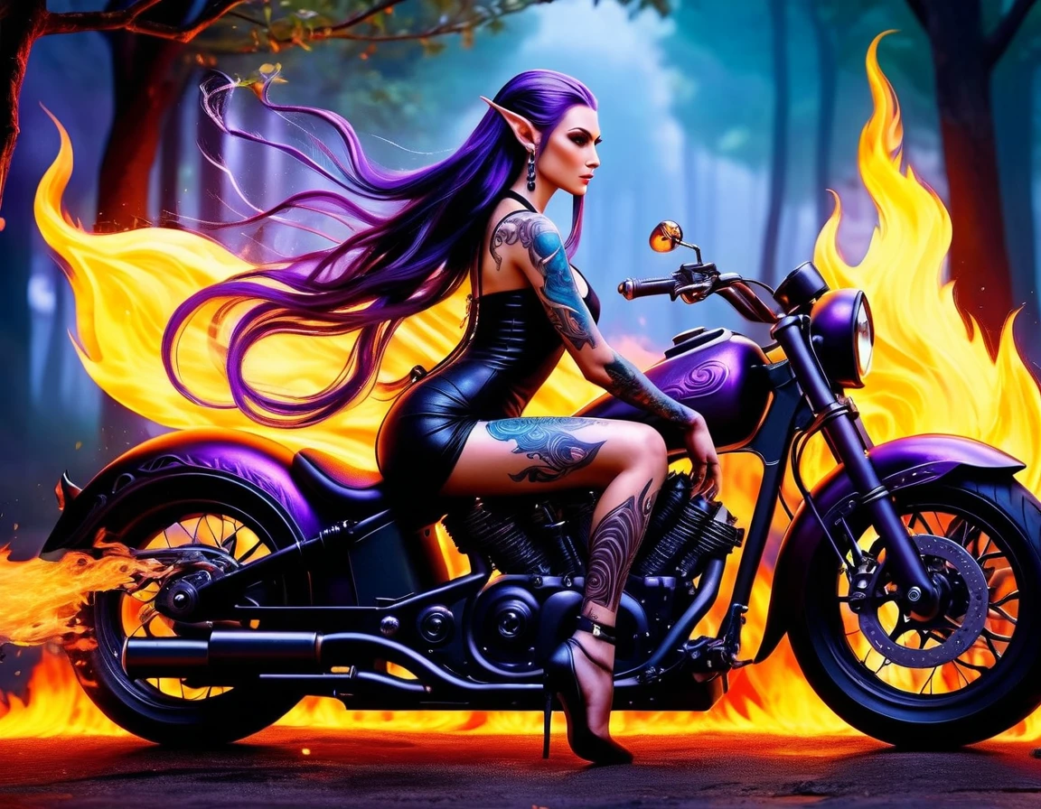 Arafed, Dark fantasy art, fantasy art, goth art, a picture of a of a tattooed female elf near her motorcycle (masterwork, best detailed, ultra detail: 1.5)  the tattoo is vivid, intricate detailed coming to life from the ink to real life, GlowingRunesAI_purple, ((fire surrounds the motorcycle: 1.5)), ultra feminine, ((beautiful delicate face)), Ultra Detailed Face, small pointed ears, shot taken from the back, ((the back is visible: 1.3), she wears a transparent black dress, the dress is elegant, flowing, elven style, that the tattoos glow, dynamic hair color, dynamic hair style, high details, best quality, 16k, [ultra detailed], masterpiece, best quality, (extremely detailed), dynamic angle, full body shot, faize, Cinematic Hollywood Film