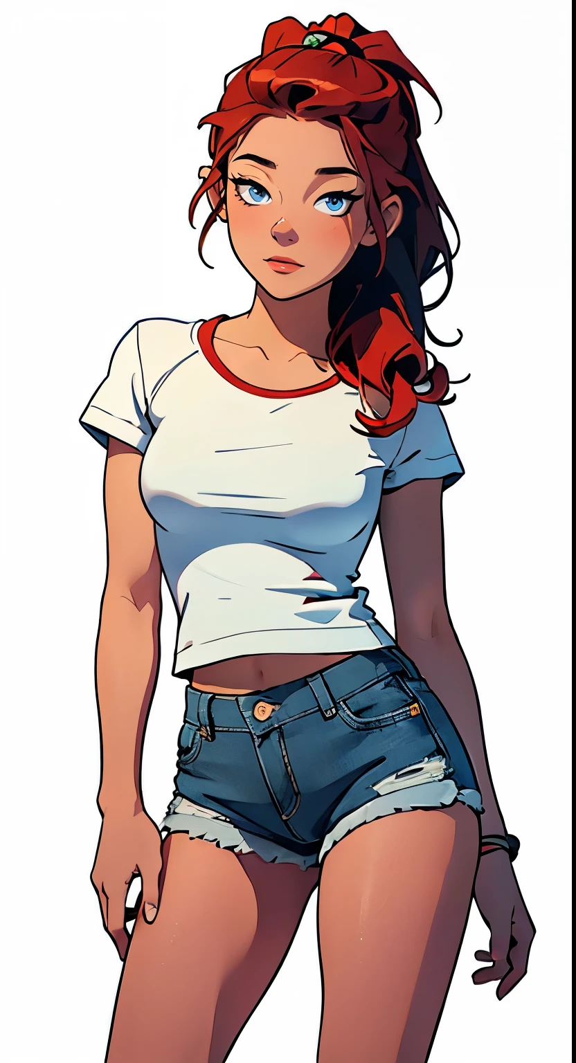 Fmasterpiece, best quality, full body,1girl,the highest image quality, 21-year-old woman, looks like Olivia Dunne, bright red hair, blue eyes, wearing a white graphic tee and denim shorts, large breasts, White background, empty background whole body , neutral pose, happy expression
