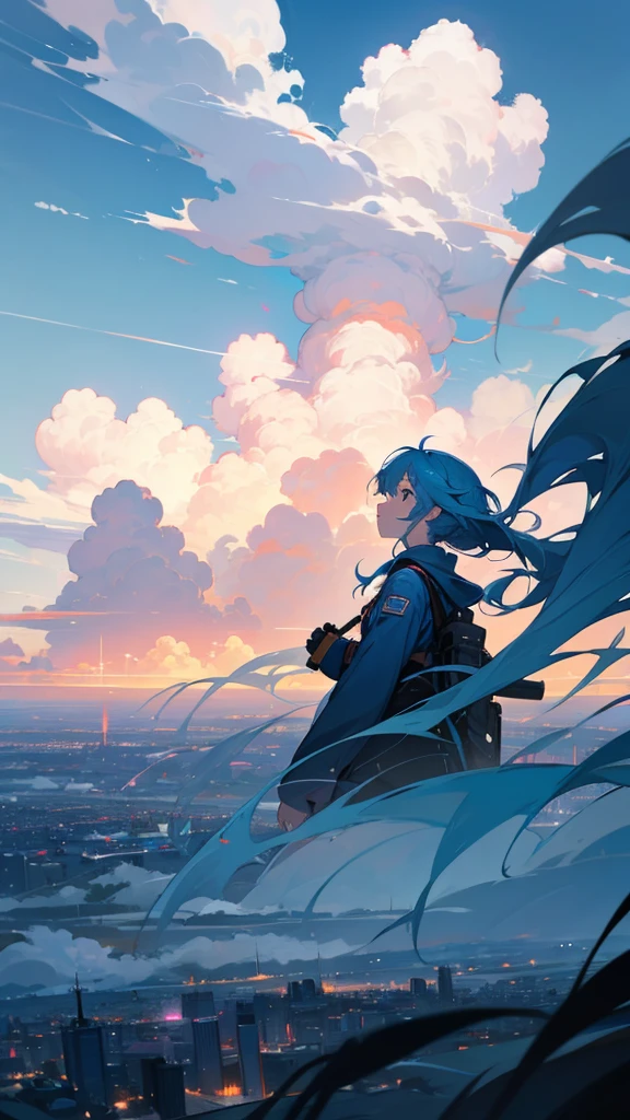Blue sky girl looking up field of storm clouds a city seen from afar