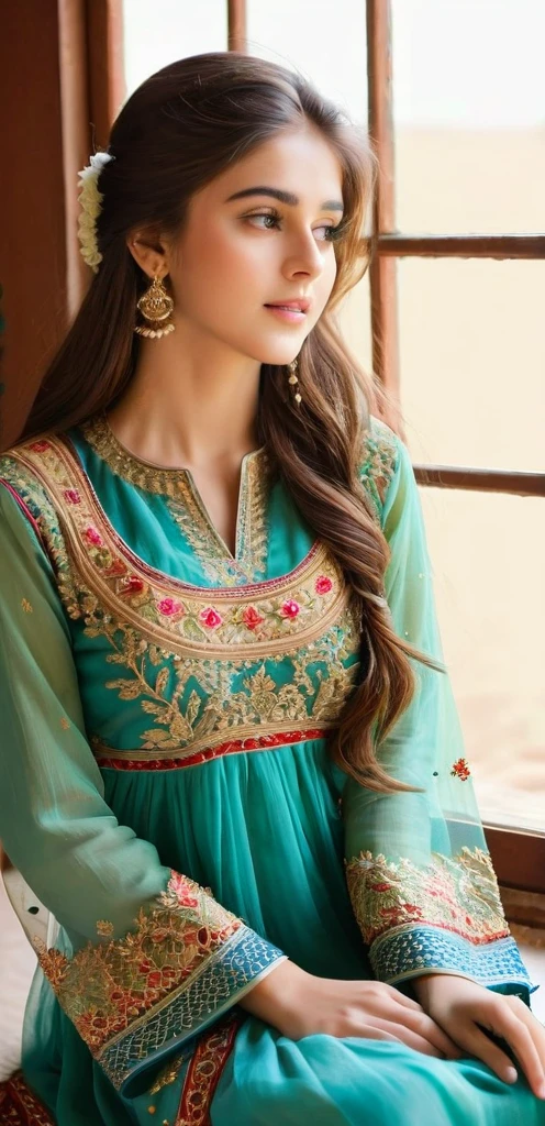 A young, beautiful girl sits gracefully by a window, enveloped in soft, natural light. She wears a traditional Pakistani dress, its intricate embroidery and vibrant colors reflecting her cultural heritage. Her hair falls gently over her shoulders as she gazes thoughtfully outside, embodying a serene and elegant presence.