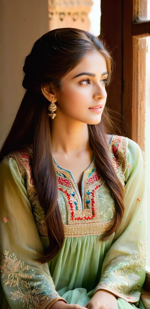 A young, beautiful girl sits gracefully by a window, enveloped in soft, natural light. She wears a traditional Pakistani dress, its intricate embroidery and vibrant colors reflecting her cultural heritage. Her hair falls gently over her shoulders as she gazes thoughtfully outside, embodying a serene and elegant presence.