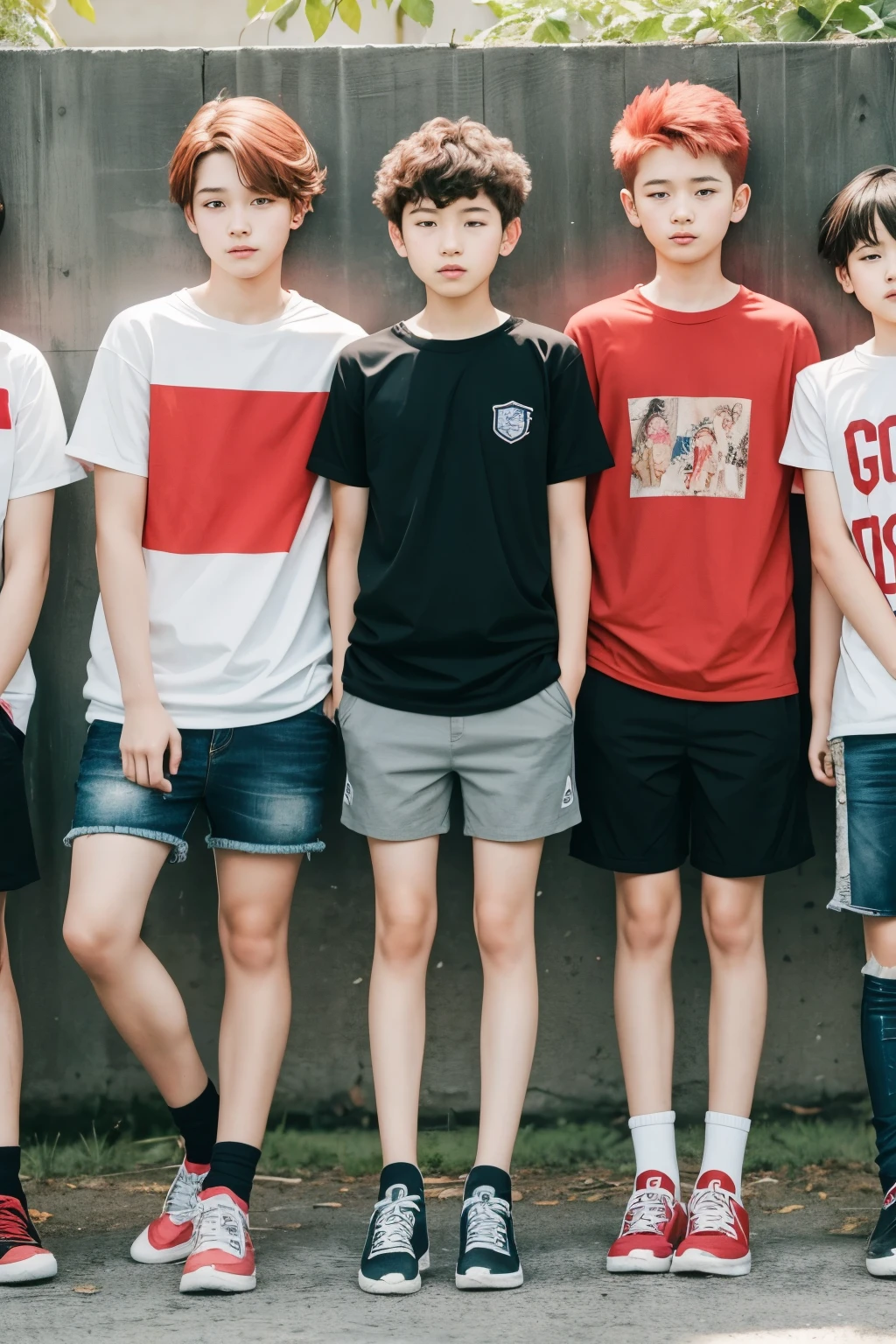 create an image where there are 5 teenagers, in the middle is the oldest, , on the right side we have a , and on the left side we have a boy and another red-haired boy who apparently is a little younger than the rest. they are wearing orphanage clothes, and they're on top of a pile of debris, toys, etc.