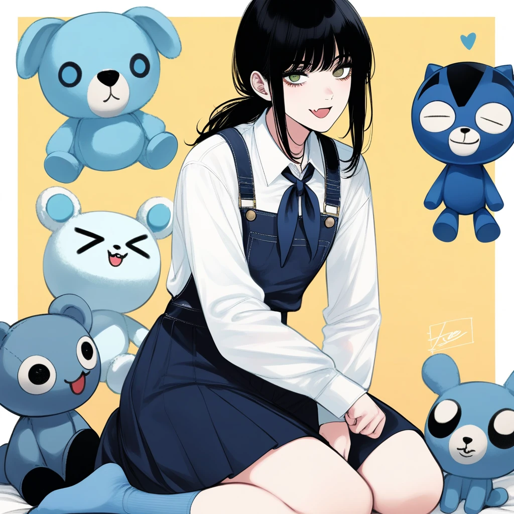 1girl, xter, chainsaw man, mitaka asa, yoru \(chainsaw man\), absurdres, official art, :d, > <, black hair, blue neckerchief, blue skirt, blue socks, border, choppy bangs, fang, green eyes, heart, neckerchief, open mouth, overall skirt, ponytail, seiza, shirt, sitting, skin fang, skirt, smile, socks, stuffed toy, two-tone background, white border, white shirt, yellow background, ((very aesthetic, best quality, ultra detailed)), painterly
