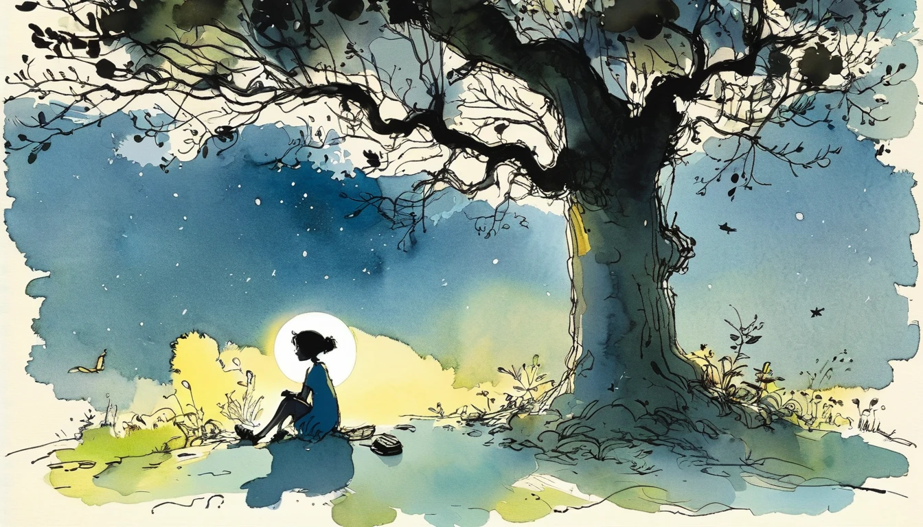 (a girl with headphones, sitting at the foot of a tree, under the moonlight ) by Quentin Blake, style byQuentin Blake, scene by Quentin Blake, art byQuentin Blake, color by Quentin Blakeatmosphere by Quentin Blake, lights byQuentin Blake, textures by Quentin Blake,shadows by Quentin Blake