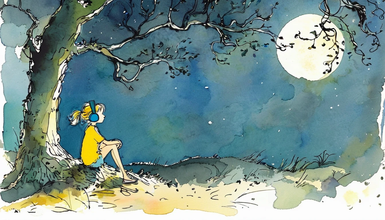(a girl with headphones, sitting at the foot of a tree, under the moonlight ) by Quentin Blake, style byQuentin Blake, scene by Quentin Blake, art byQuentin Blake, color by Quentin Blakeatmosphere by Quentin Blake, lights byQuentin Blake, textures by Quentin Blake,shadows by Quentin Blake