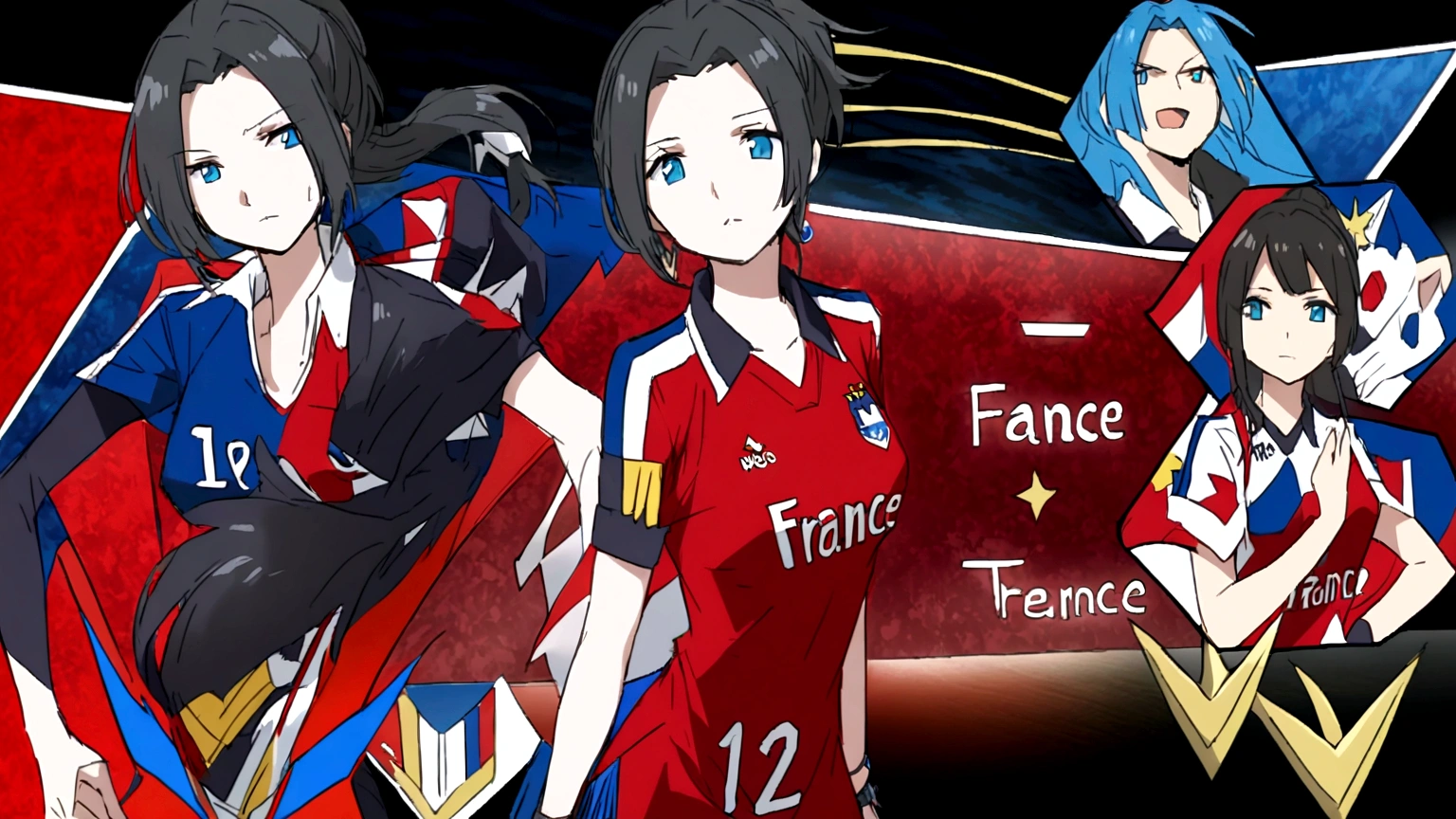 (anime,2D)Women,soccer player,black fur,wide,fringe,collected in a ponytail,clear skin,Light blue eyes,France national team clothing.