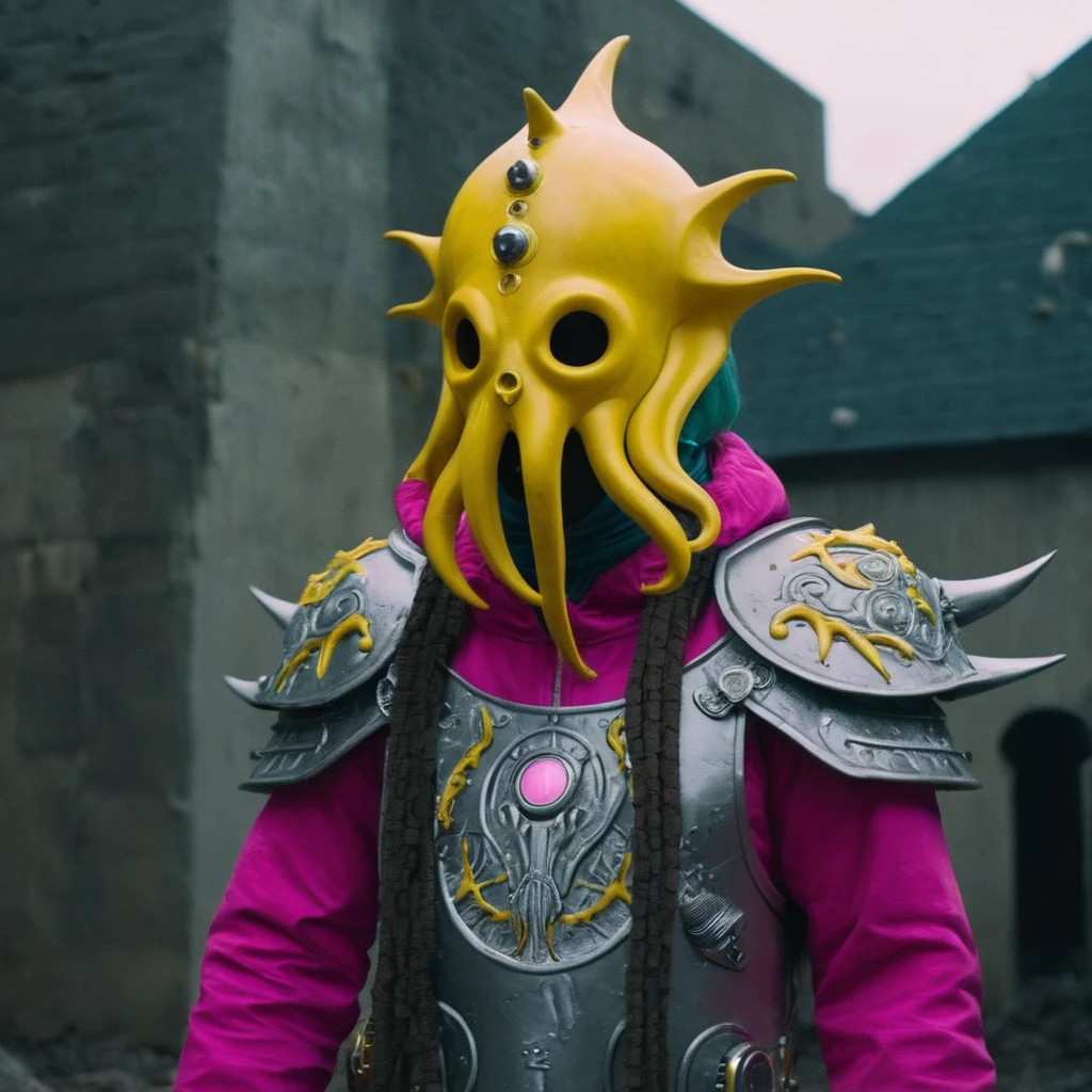 Horror-themed,  In an ancient and mysterious city a person wearing a yellow helmet with pink dark spikes on it carcosa city style, Don Bluth Style ASTRONAUT Cthulhu yellow Toon Doll, full body RAW candid cinema, cyan hair, 16mm, color graded portra 400 film, Eerie, unsettling, dark, spooky, suspenseful, grim, highly detailed, titanium decorative headdress, cinematic, trending on artstation | Isometric | Centered