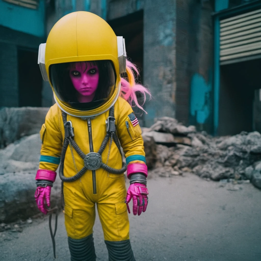Horror-themed,  In an ancient and mysterious city a person wearing a yellow helmet with pink dark spikes on it carcosa city style, Don Bluth Style ASTRONAUT Cthulhu yellow Toon Doll, full body RAW candid cinema, cyan hair, 16mm, color graded portra 400 film, Eerie, unsettling, dark, spooky, suspenseful, grim, highly detailed, titanium decorative headdress, cinematic, trending on artstation | Isometric | Centered