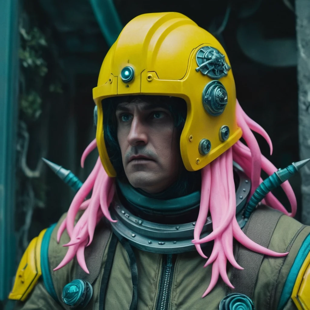 Horror-themed,  In an ancient and mysterious city a person wearing a yellow helmet with pink dark spikes on it carcosa city style, Don Bluth Style ASTRONAUT Cthulhu yellow Toon Doll, full body RAW candid cinema, cyan hair, 16mm, color graded portra 400 film, Eerie, unsettling, dark, spooky, suspenseful, grim, highly detailed, titanium decorative headdress, cinematic, trending on artstation | Isometric | Centered