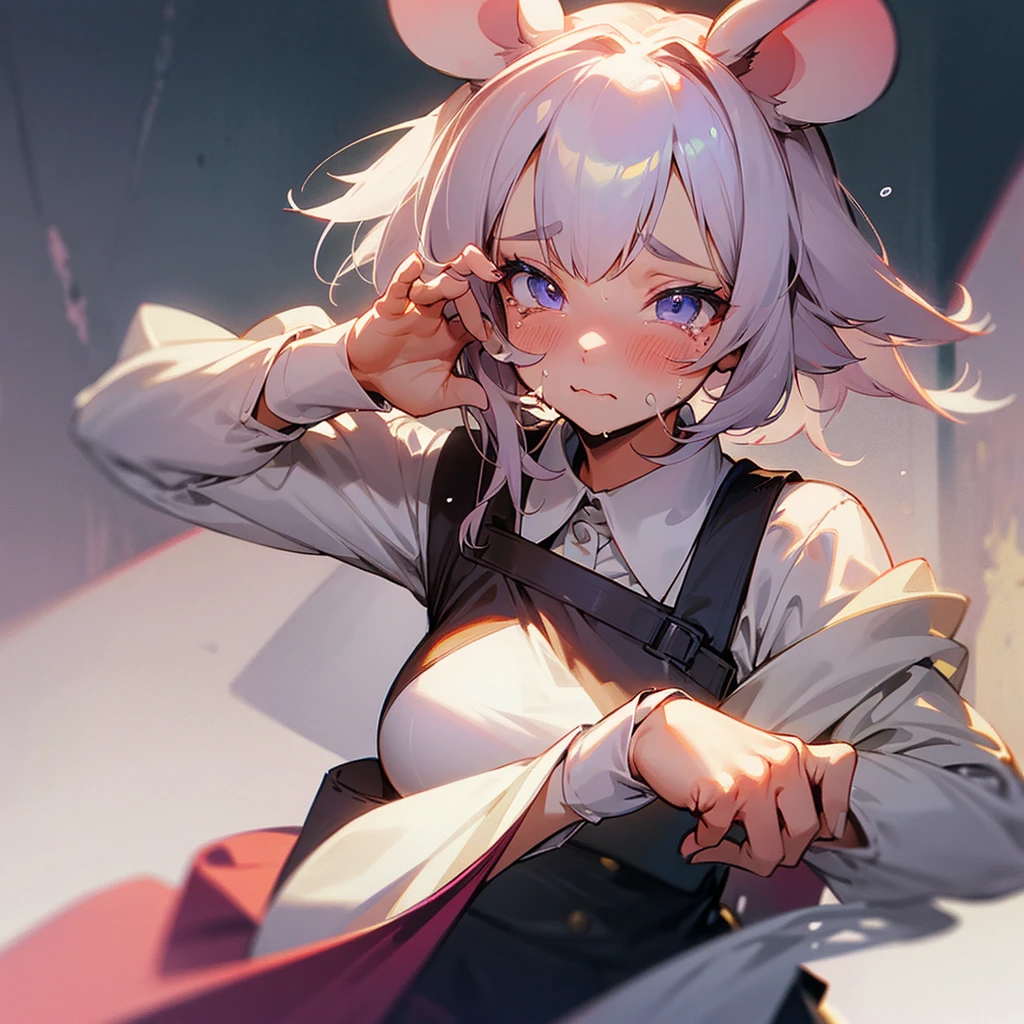 cute mouse girl sobbing, cleaning tears, mouse ears, cute