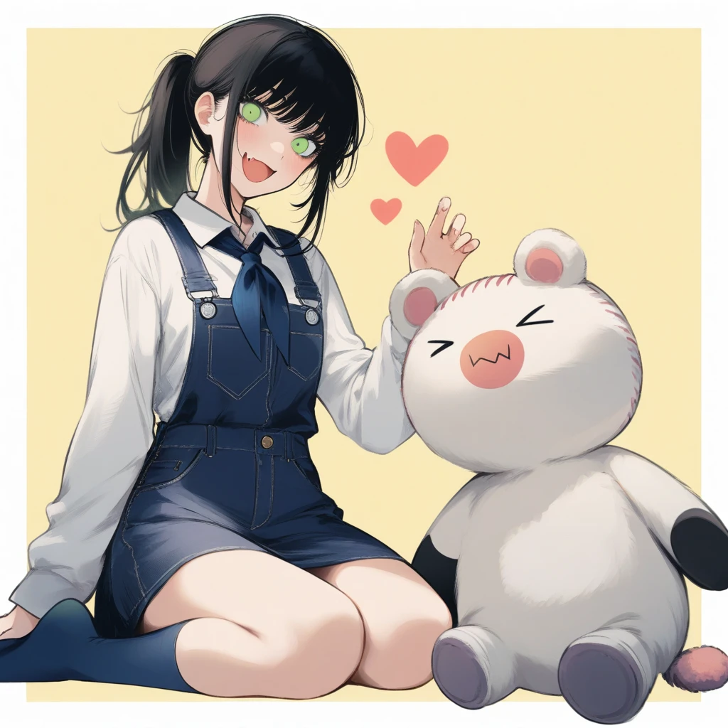1girl, kousei \(public planet\), chainsaw man, mitaka asa, yoru \(chainsaw man\), absurdres, official art, :d, > <, black hair, blue neckerchief, blue skirt, blue socks, border, choppy bangs, fang, green eyes, heart, neckerchief, open mouth, overall skirt, ponytail, seiza, shirt, sitting, skin fang, skirt, smile, socks, stuffed toy, two-tone background, white border, white shirt, yellow background, ((very aesthetic, best quality, ultra detailed)), painterly