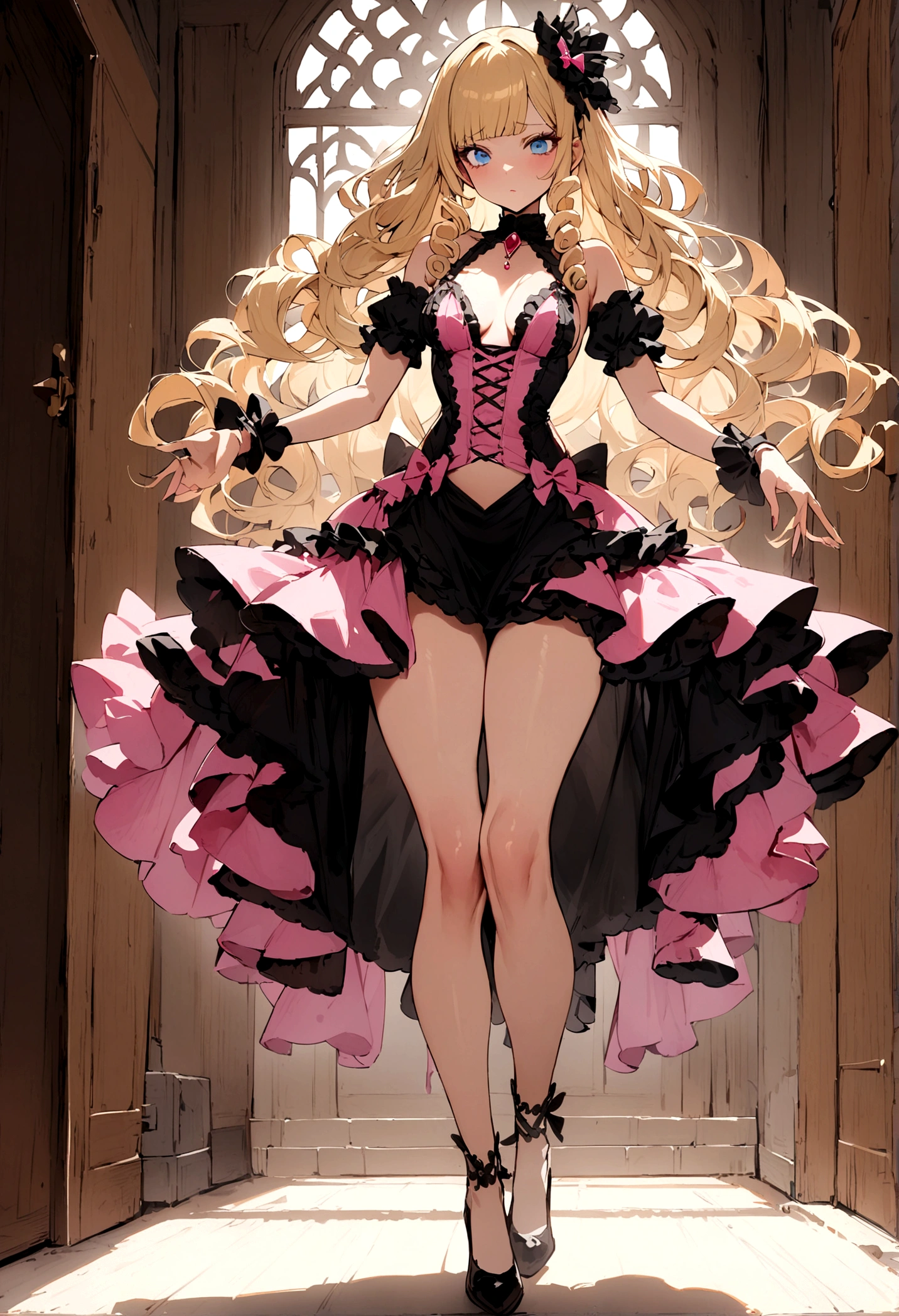 Curls,blonde_hair,blue_eyes,long_eyelashes,long_hair,fringe_bangs,side_curls,fullbody,standing,masterpiece,highress,frilly intricate pink saloon girl dress,knee length skirt,