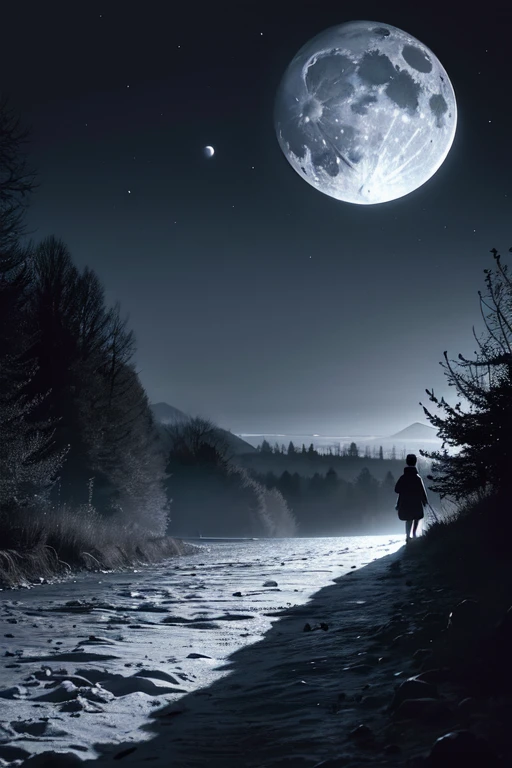 Dans le style des peintres impressionnistes et un ambiance sombre En arrière plan un croissant de lune sous une nuit noir et et verte sans étoile en second plan un manoir imposant sur une colline illuminer par la lune en premier plan une silhouette de dos regardant le manoir