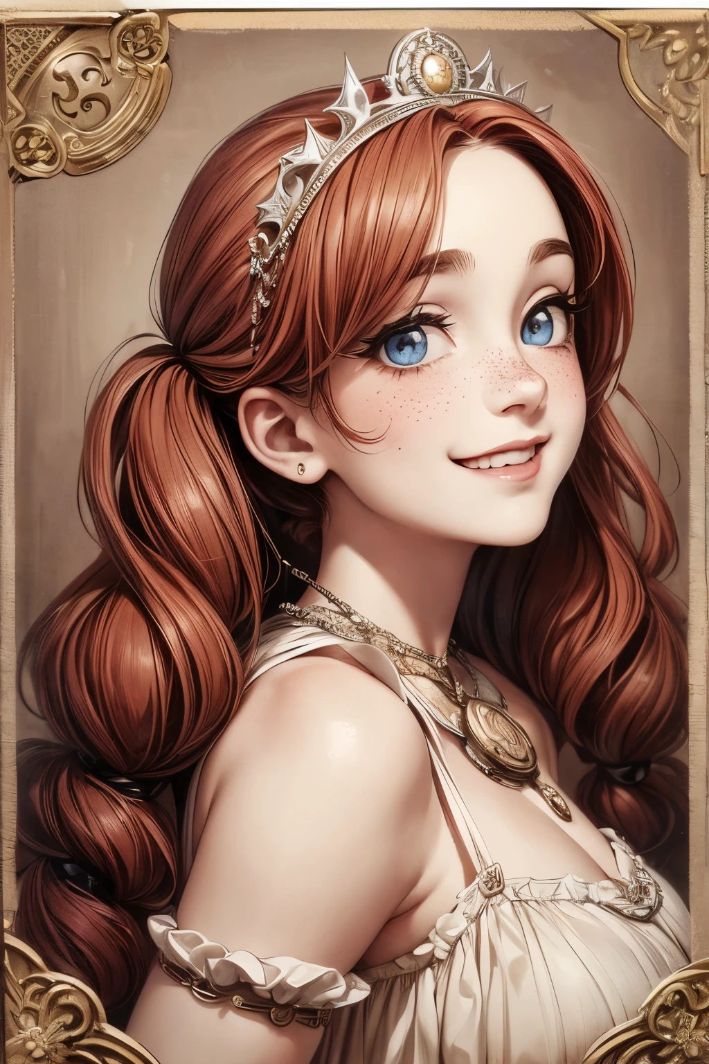 (masterpiece), best quality, expressive eyes, perfect face, Artwork, best quality, ultra-detailed, 1girl, long hair, 1930s vintage photography, monochrome dress, vintage color palette, curly hair, dress with ruffles, smiling smile, freckles on face, ((old photo effect)), large breasts, breasts larger than head, ((portrait in a medallion)), ((locket)), ((pic in locket)), ((portrait in round medallion)), photography of a woman in a locket, signature at the bottom of the photo, Initials T.J in signature, face profile photography, teasing cleavage, lipstick in pic, shining eyes, twintails, laughing laugh, laughing, mold particles around the edges of the photograph, restored photograph, red hair, blue eyes, ((sepia effect)), flower tiara on head, wide hips, curvy hips, curvilinear waist, full-body photografy