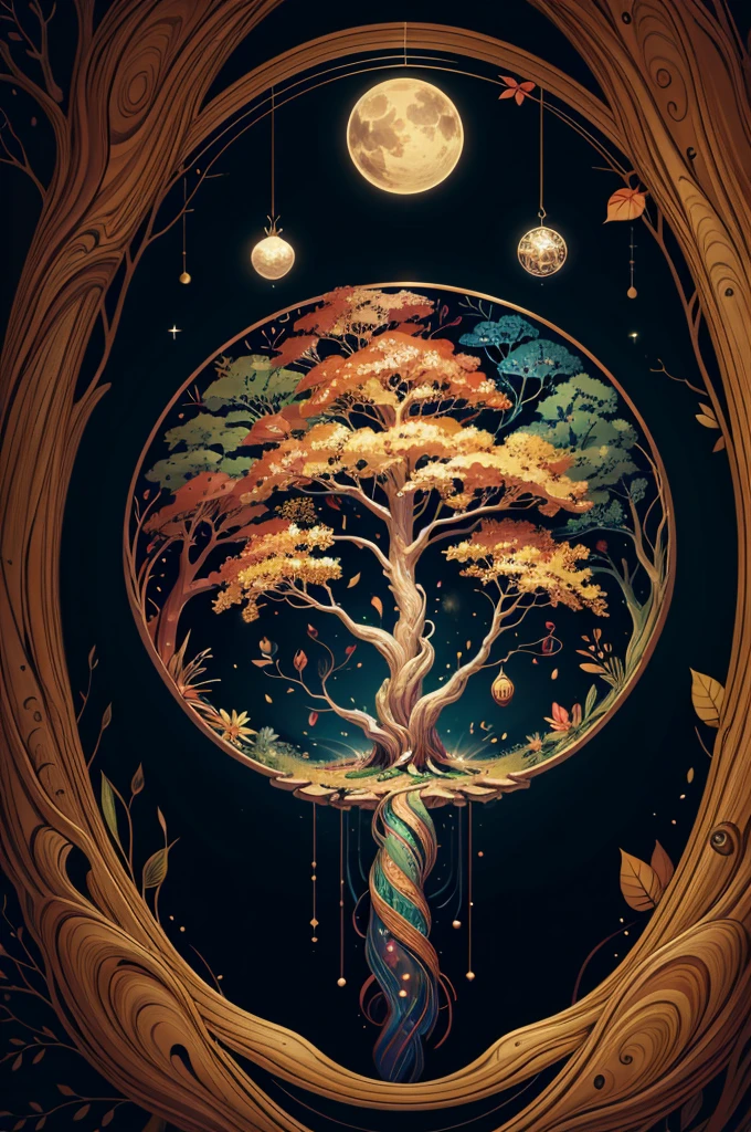 circular tree,four seasons,spring,summer,autumn,winter,leaves,roots,branches,trunk,ornate border,decorative,digital illustration,artwork,movement,time,swirling background,dark background,vibrant colors,natural,life cycle,growth,change,nature,life,peace,harmony,spirituality,symbolism,digital art,illustration,painting,graphic design,art,design,digital media,online art,visual art,fine art,fantasy