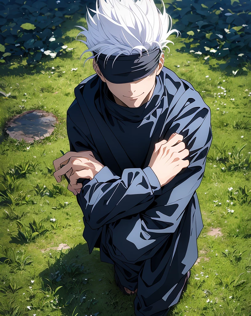 masterpiece, best quality, 1boy, gojou satoru, white hair, short hair, blindfold, black jacket, black pants, ,high collar, long sleeves, shoes, squatting, full body, smile, looking at viewer, solo, grass, blue sky, meadow background 