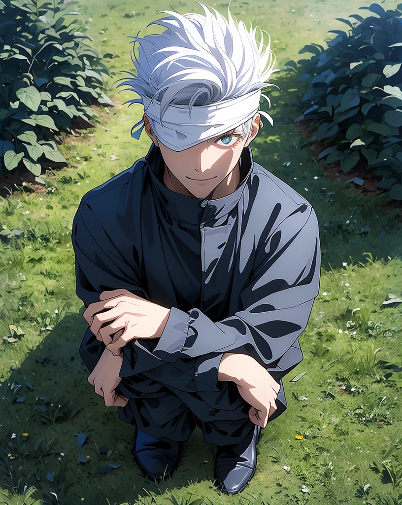 masterpiece, best quality, 1boy, gojou satoru, white hair, short hair, blindfold, black jacket, black pants, ,high collar, long sleeves, shoes, squatting, full body, smile, looking at viewer, solo, grass, blue sky, meadow background