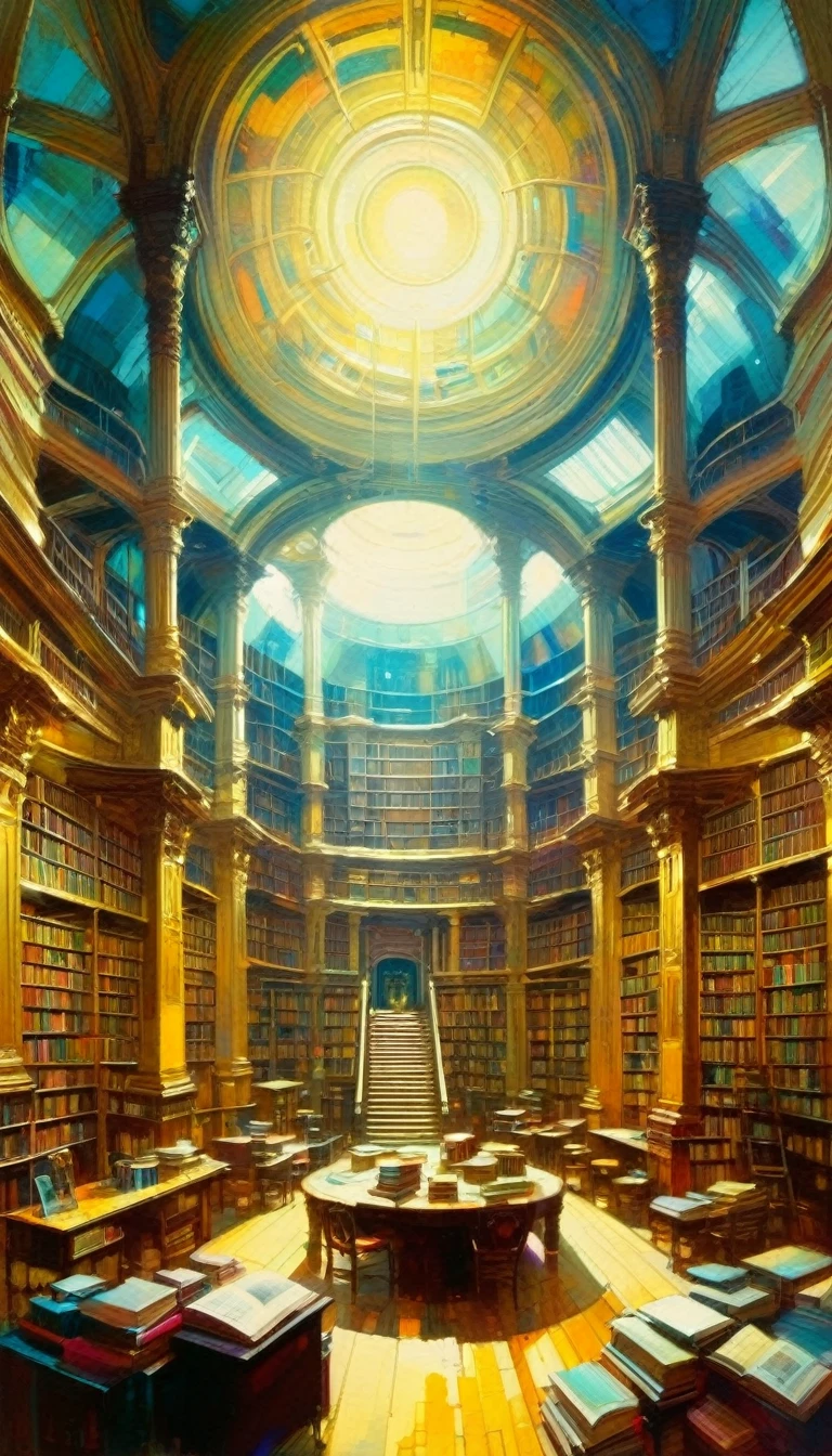 big library, huge shelves, dome, some clutter (art inspired by Bill Sienkiewicz). oil painting)
