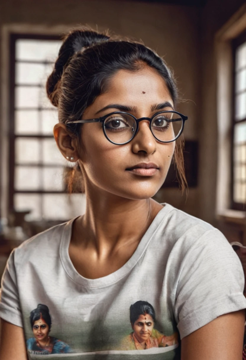Bun hair Indian glasses woman in house in t shirt realistic photorealism photo